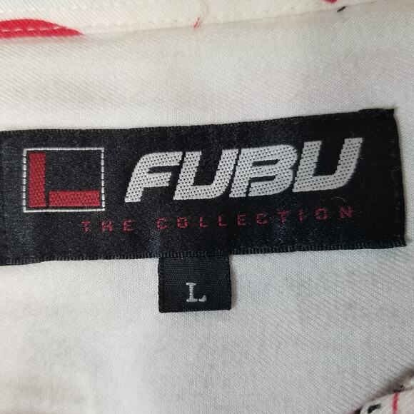 FUBU shirt men's large white button up short sleeve all over print Y2K Hip Hop - Picture 12 of 12